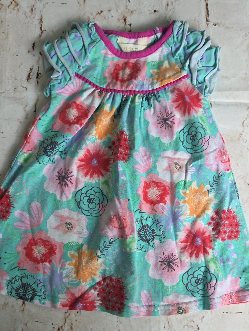 Girls Floral Ruffle Sleeve Dress - Mint & Coral